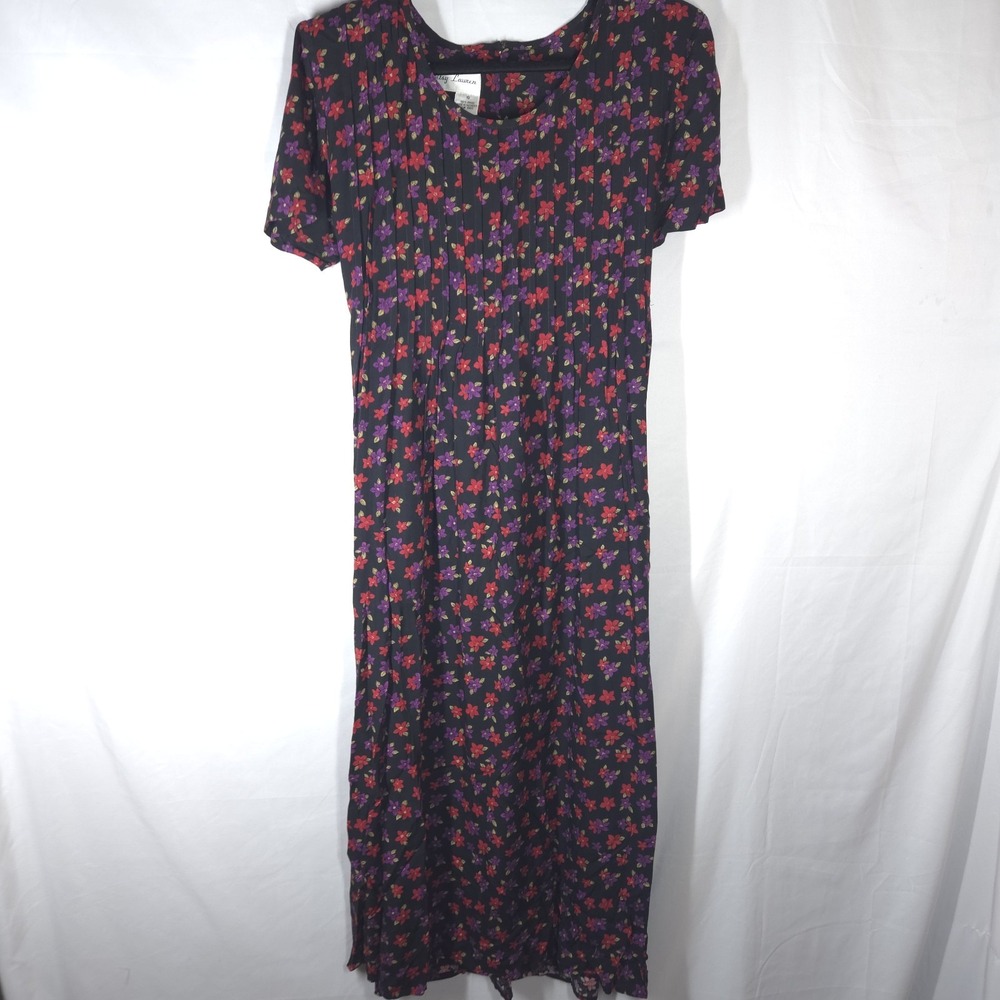 Vintage 90s Betsy Lauren Floral Rayon Maxi Dress Black Red Purple Size 10